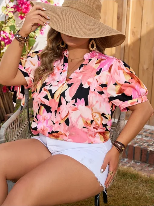 Plus Size Pink Floral Print Summer V-Neck Tops - Image 5