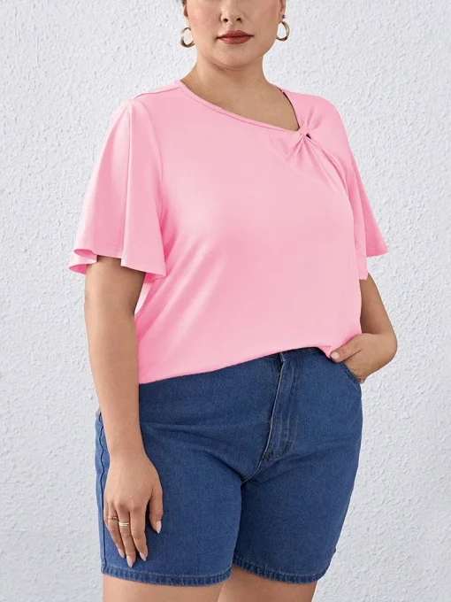 Plus Size Pink Pleated Summer Tops - Image 2