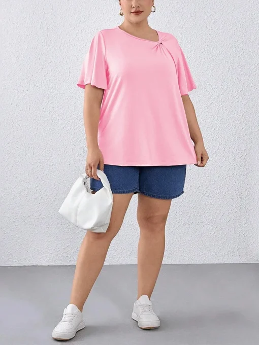 Plus Size Pink Pleated Summer Tops - Image 3