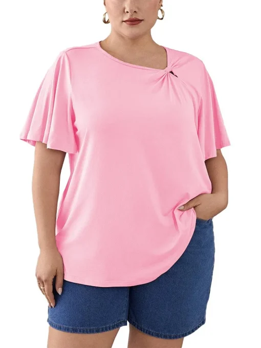 Plus Size Pink Pleated Summer Tops - Image 4