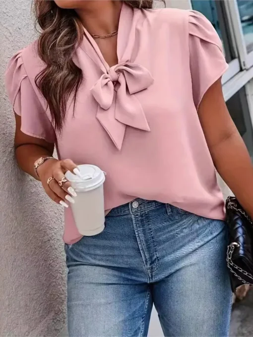 Plus Size Bow Collar Pink Blouse - Image 2