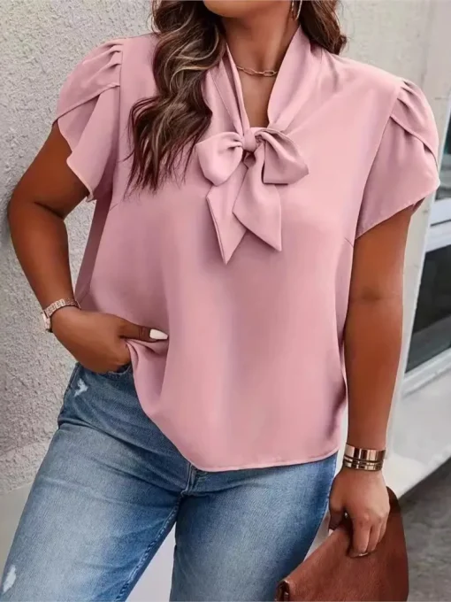 Plus Size Bow Collar Pink Blouse - Image 4