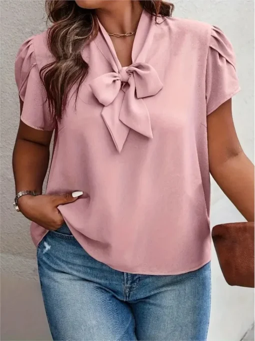 Plus Size Bow Collar Pink Blouse - Image 5