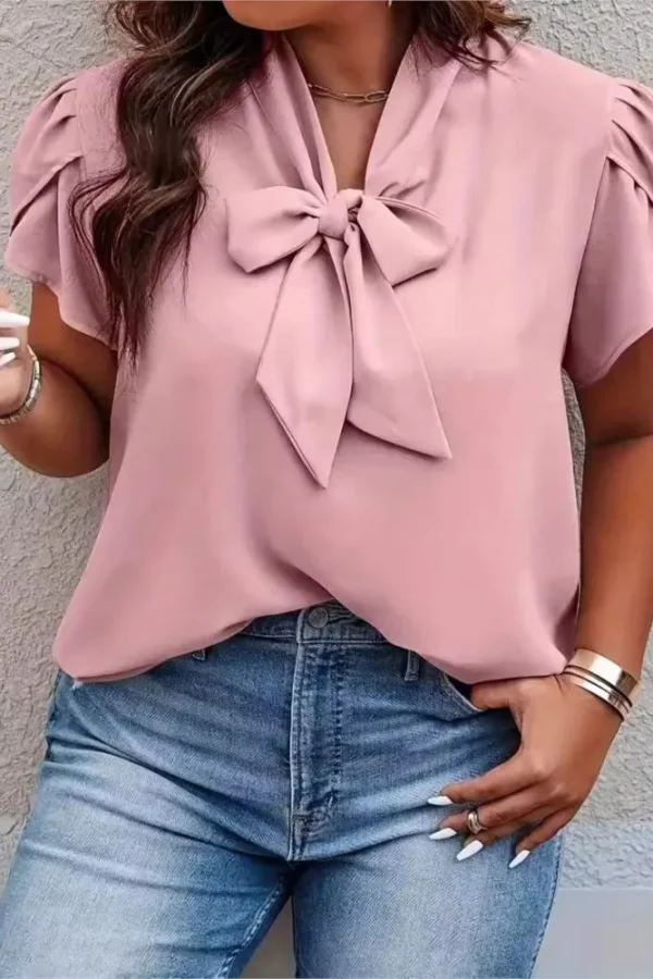 Plus Size Bow Collar Pink Blouse