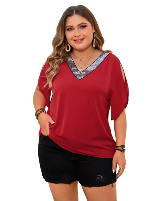 Plus Size Summer V-Neck Print Patchwork Pullover Tops - Image 4