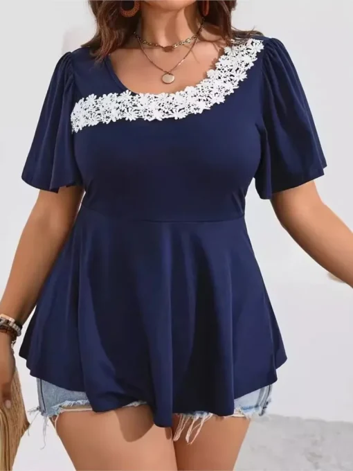 Plus Size Lace Embroidery Summer Tops for Women