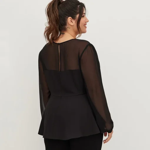 Plus Size Black Peplum Chiffon Sleeve Blouse - Image 2