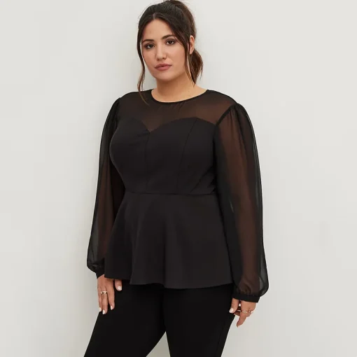 Plus Size Black Peplum Chiffon Sleeve Blouse