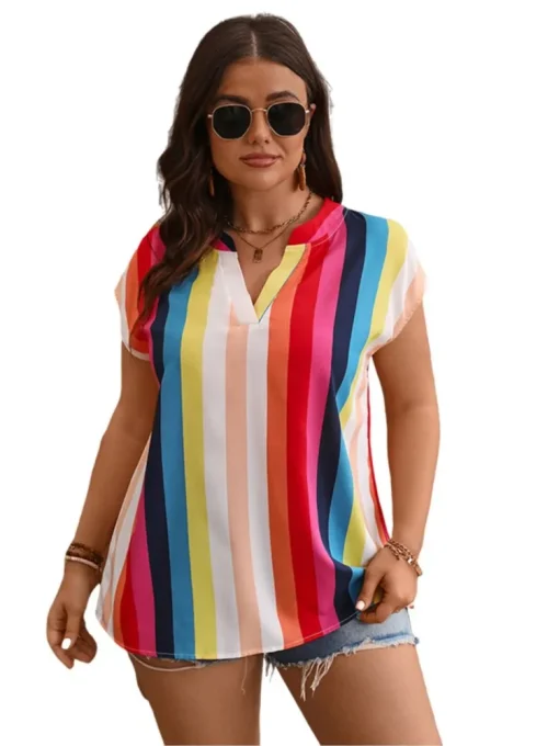 Plus Size Striped V-Neck Blouse - Image 4