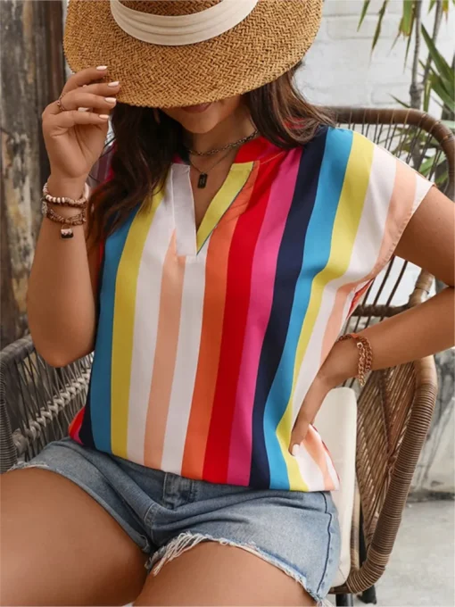 Plus Size Striped V-Neck Blouse - Image 5