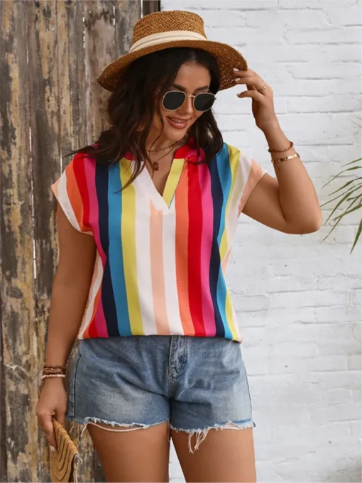 Plus Size Striped V-Neck Blouse