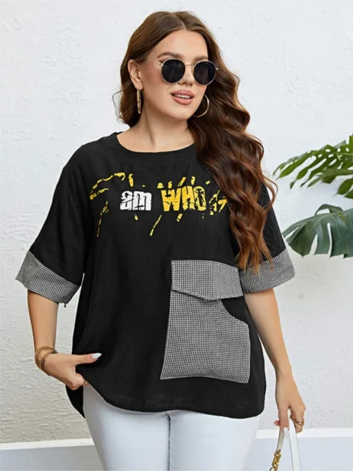 Plus Size Graffiti Plaid Print Summer Tops - Image 2