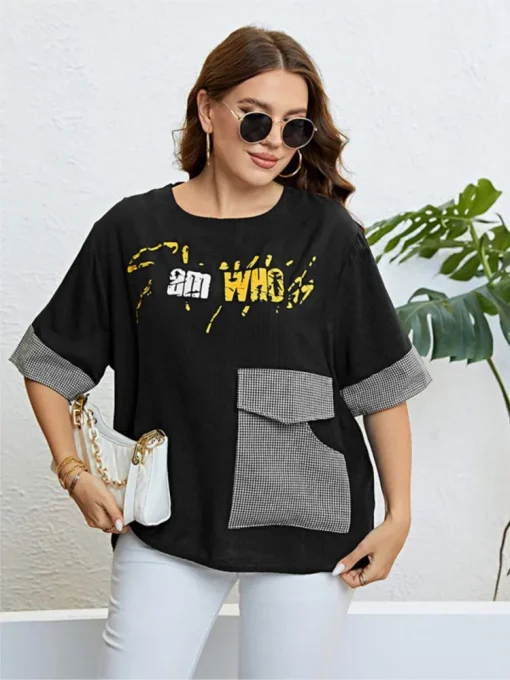 Plus Size Graffiti Plaid Print Summer Tops - Image 3