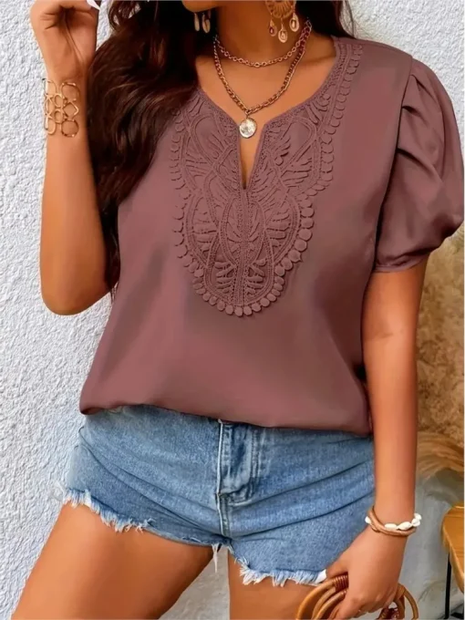 Plus Size Floral Embroidery V-Neck Summer Tops - Image 5