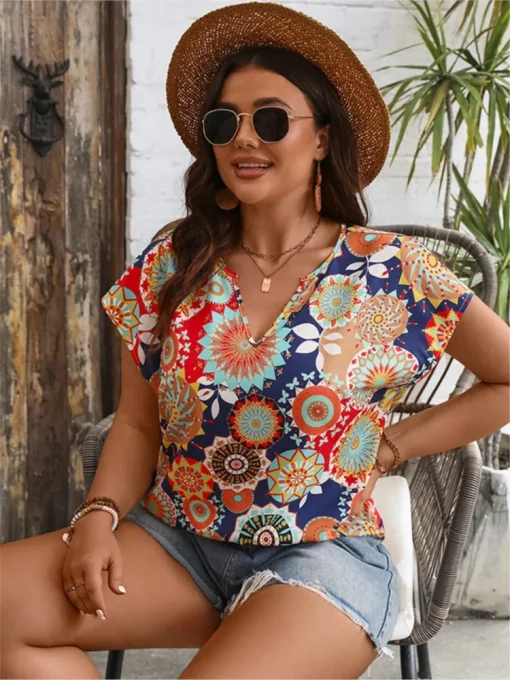 Plus Size V-Neck Floral Print Summer Tops - Image 2