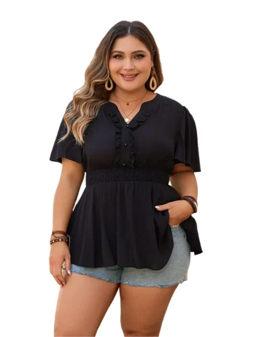 Plus Size V-Neck Ruffle Cropped Summer Tops - Image 4