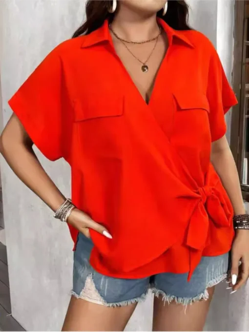 Plus Size V-Neck Bow Tops - Image 4