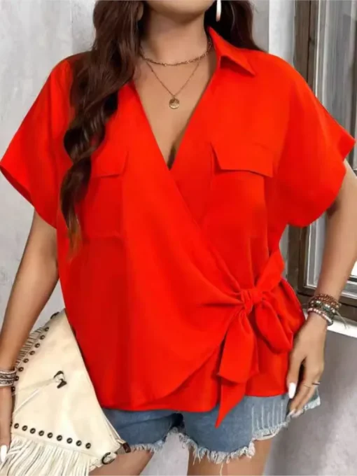 Plus Size V-Neck Bow Tops