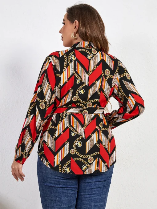 Plus Size Belted Geometric Women's Shirt - Image 2