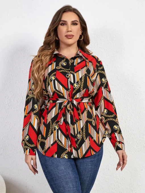 Plus Size Belted Geometric Women's Shirt - Image 3