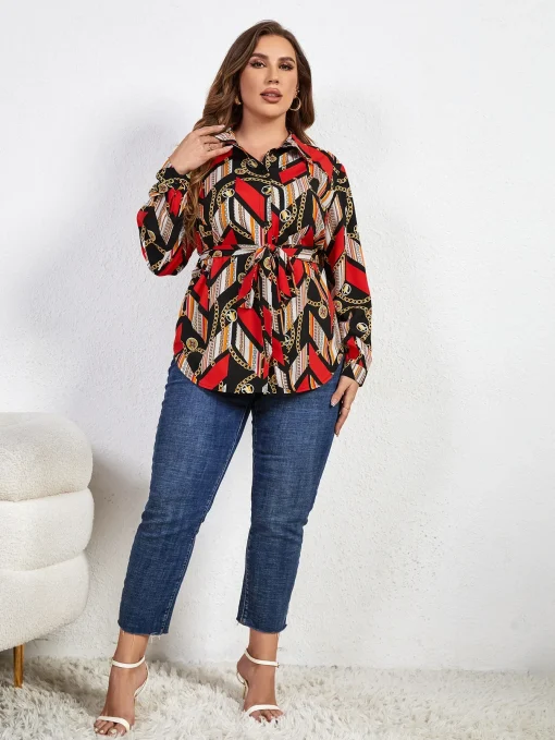 Plus Size Belted Geometric Women's Shirt - Image 4