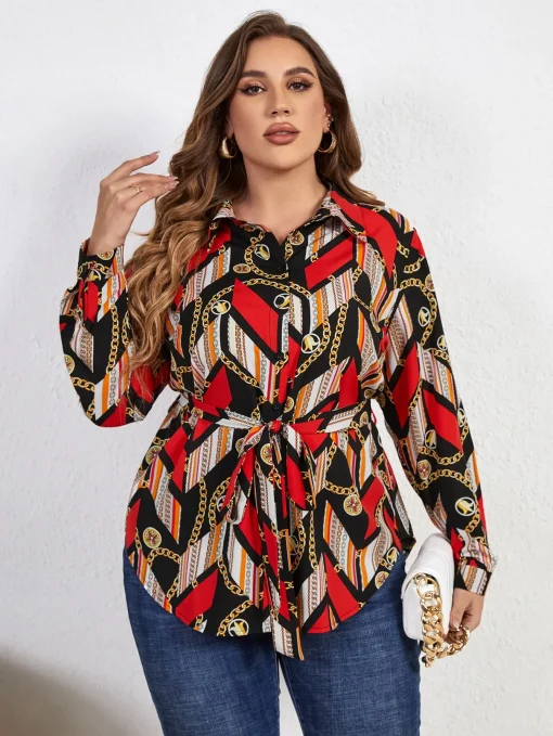 Plus Size Belted Geometric Women's Shirt - Image 5