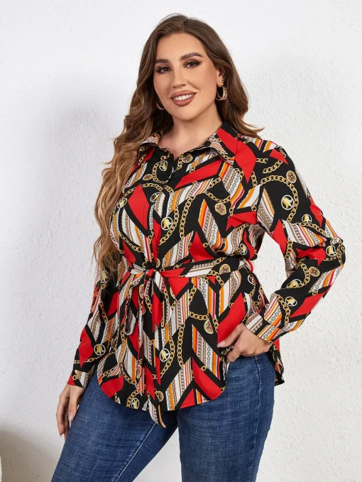 Plus Size Belted Geometric Women's Shirt - Image 6