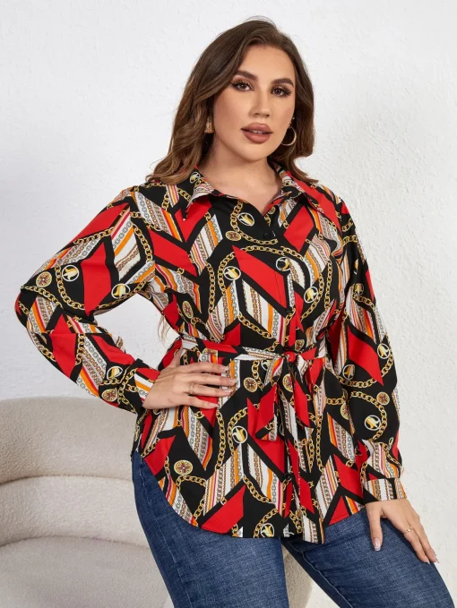 Plus Size Belted Geometric Women's Shirt