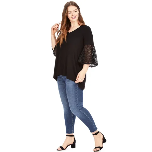 Plus Size V-Neck Lace Bell Sleeve Top 8XL - Image 3