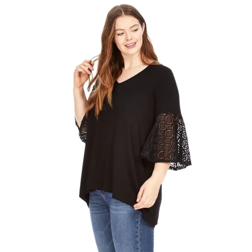 Plus Size V-Neck Lace Bell Sleeve Top 8XL - Image 4