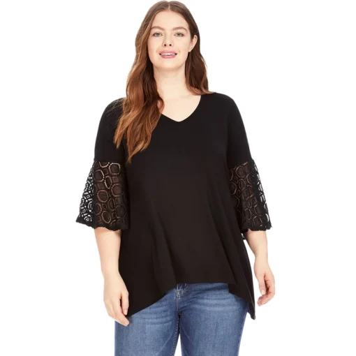 Plus Size V-Neck Lace Bell Sleeve Top 8XL