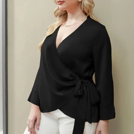 Plus Size V-Neck Long Sleeve Blouse Fall - Image 2