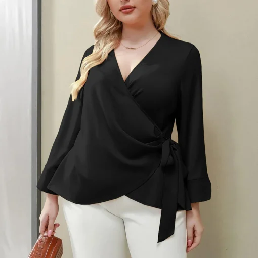 Plus Size V-Neck Long Sleeve Blouse Fall - Image 4