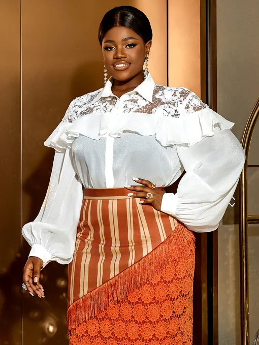 White Ruffle Lace Plus Size Blouse