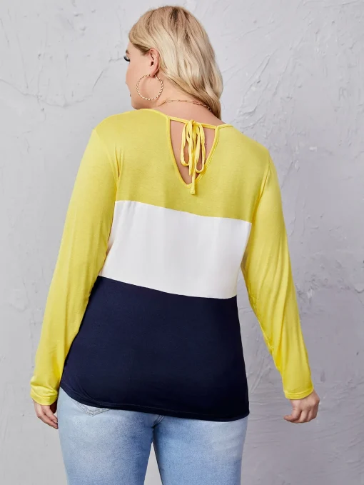 Plus Size Tie Back Color Block T-Shirt Blouse - Image 2