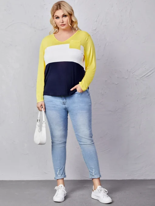 Plus Size Tie Back Color Block T-Shirt Blouse - Image 3