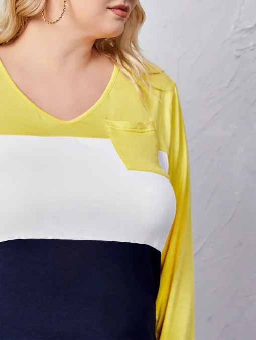 Plus Size Tie Back Color Block T-Shirt Blouse - Image 5