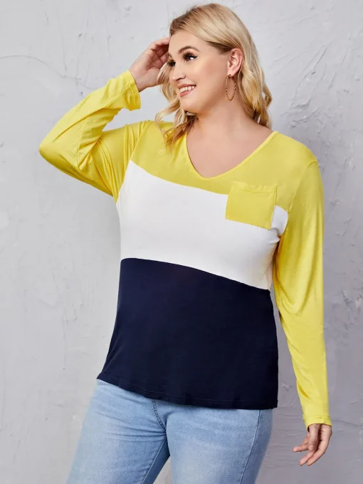 Plus Size Tie Back Color Block T-Shirt Blouse