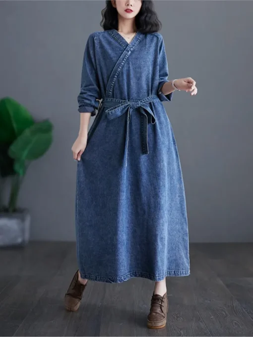 Oversized Denim V-Neck Long Dress - Image 3