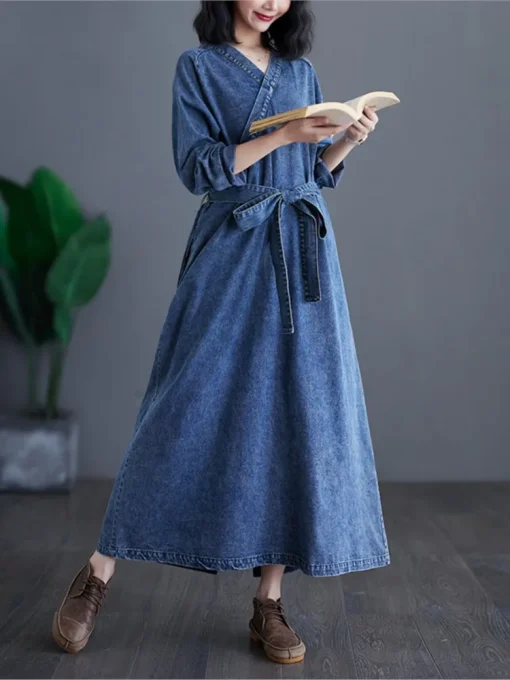 Oversized Denim V-Neck Long Dress