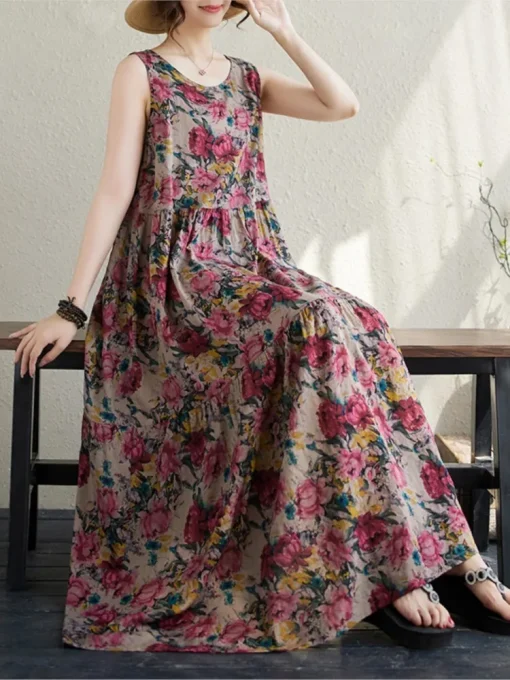 Oversized Floral Print Sleeveless Dress - Image 4