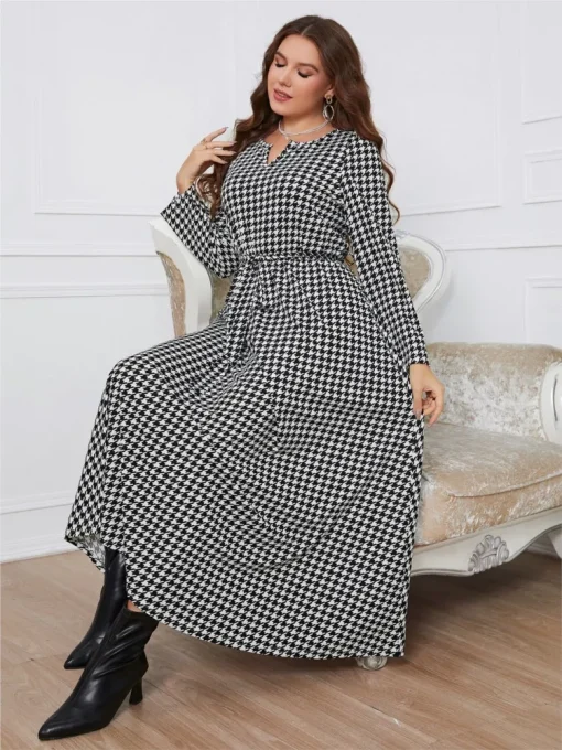 Plus Size Plaid Print Long Sleeve Dress - Image 5