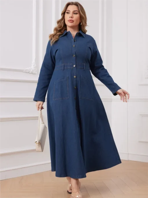 Plus Size Denim Long Sleeve Dress - Image 2