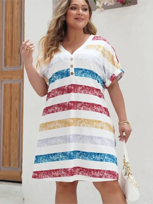 Plus Size Striped V-Neck Midi Dress - Image 3