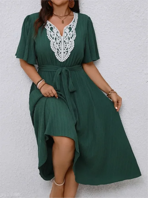 Plus Size Embroidery Patchwork V-Neck Long Dress - Image 2