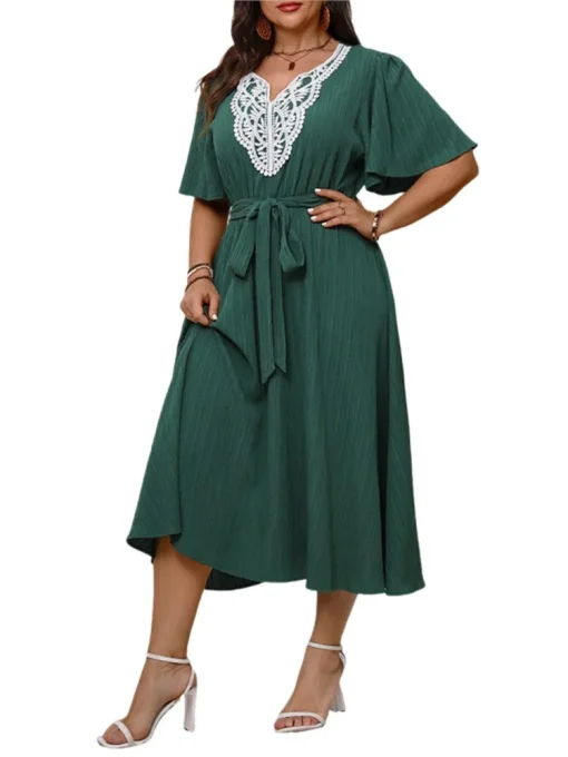 Plus Size Embroidery Patchwork V-Neck Long Dress - Image 4