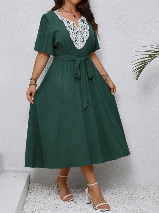 Plus Size Embroidery Patchwork V-Neck Long Dress - Image 5