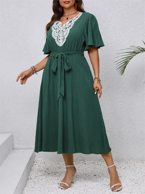 Plus Size Embroidery Patchwork V-Neck Long Dress