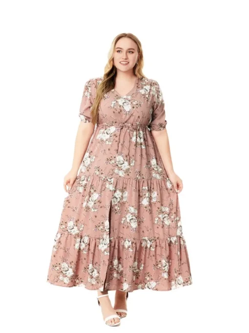 Plus Size Floral Print V-Neck Dress - Image 3