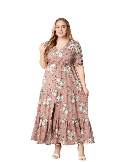 Plus Size Floral Print V-Neck Dress - Image 4